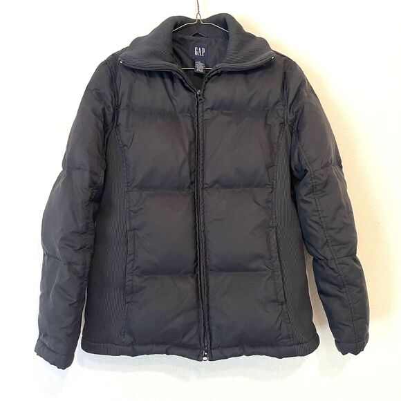 Gap Women's Puffer Jacket MEDIUM Down Feather Black Full Zip Puffy Cold Control - Picture 1 of 7